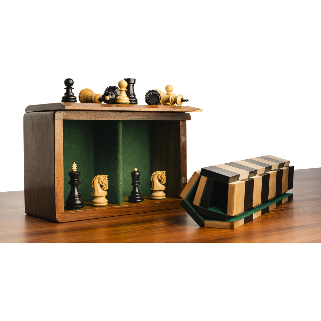 Kombo rosyjskich szachów zagrzebskich 2,6″ - figury w ebonizowanym drewnie bukszpanowym z planszą i pudełkiem