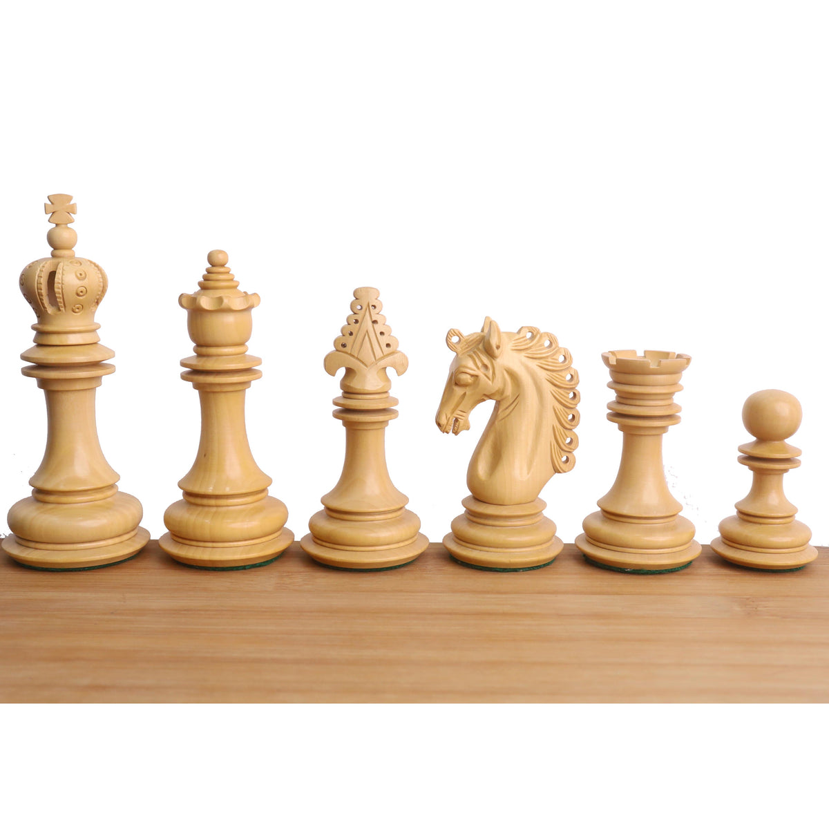Close-up of boxwood pieces from the 4.5-inch Carvers' Art luxury chess set.