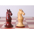 Detailed hand-carved bud rosewood and boxwood knight chess pieces.