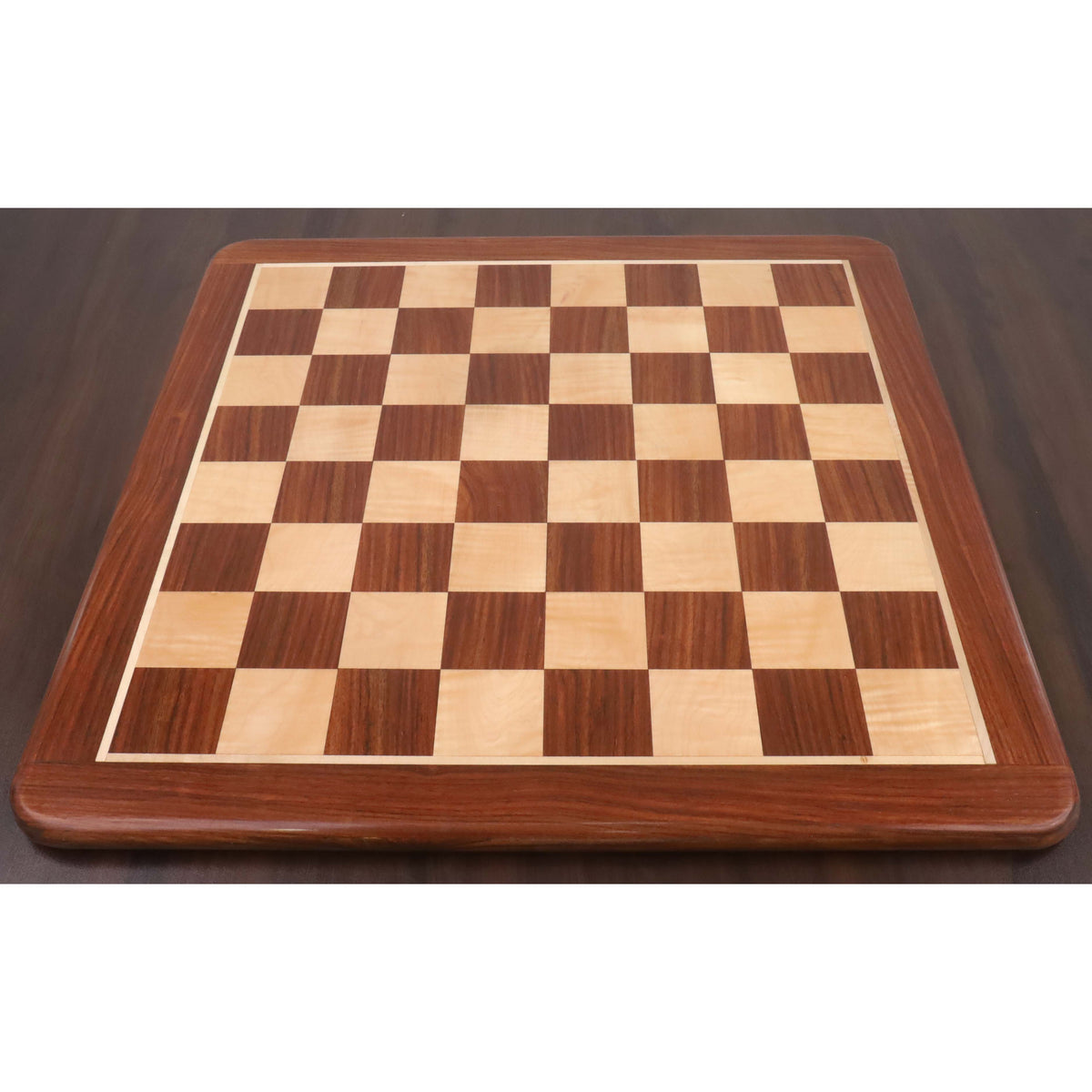 Full perspective view of the 25-inch large professional chess board handcrafted from Golden Rosewood and Maple wood.