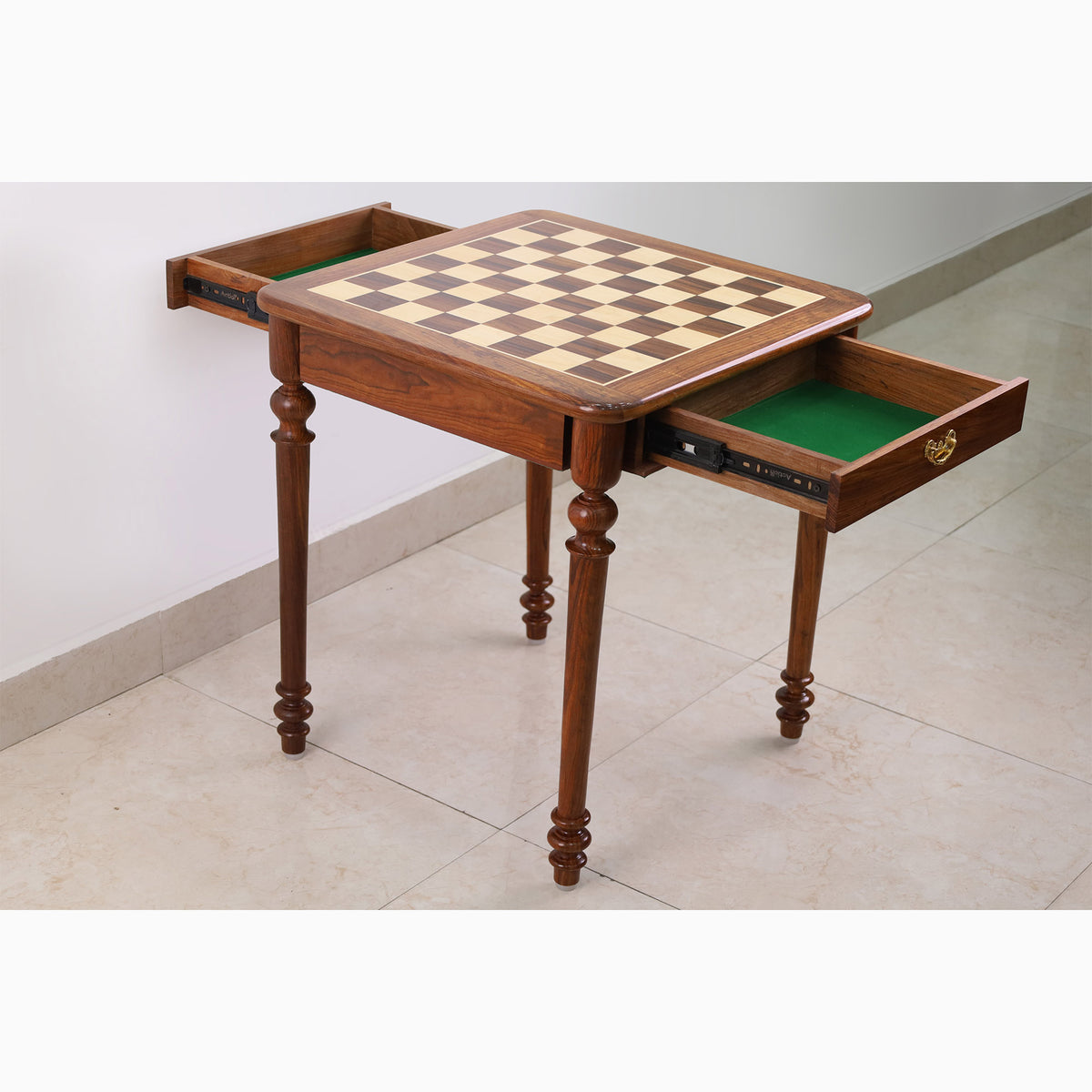 Luxury golden rosewood chess table with integrated piece storage drawers.