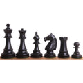 Lineup of dark-stained 1950s Soviet Grandmaster chess pieces featuring a majestic 4.1-inch king.