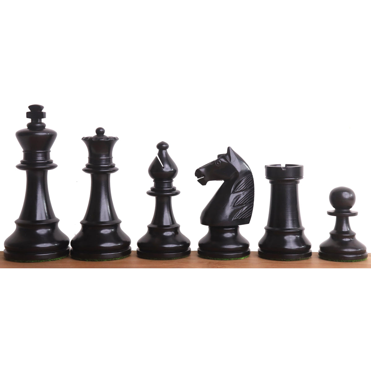 Lineup of dark-stained 1950s Soviet Grandmaster chess pieces featuring a majestic 4.1-inch king.