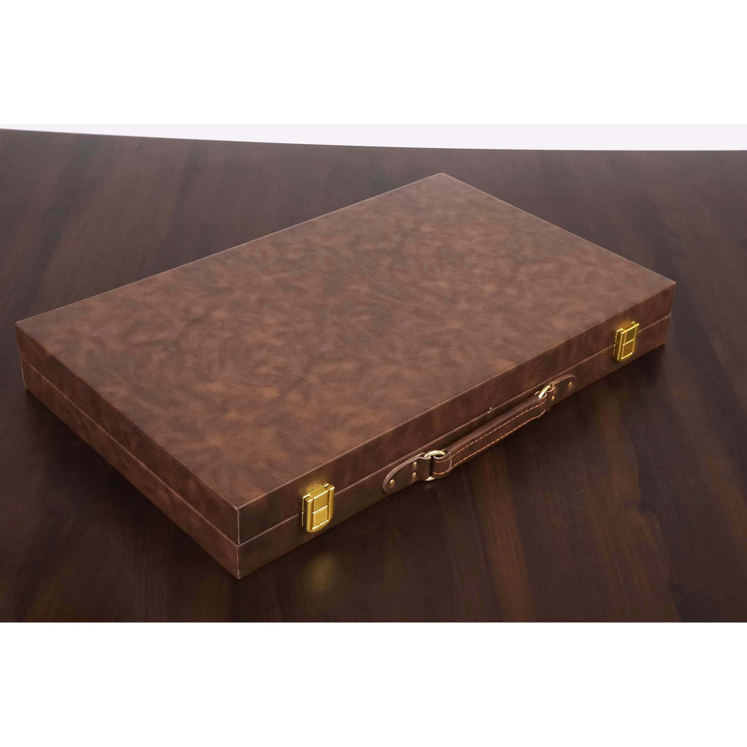 18" Textured Chocolate Brown Leatherette Backgammon Board Game Set - Luxury Travel Case