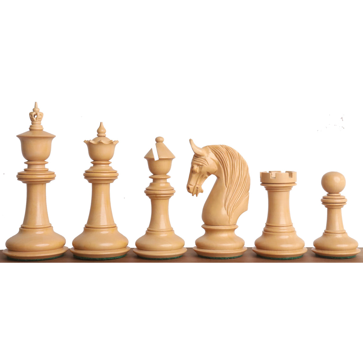 Six natural boxwood pieces from the 4.6 inch Bath luxury Staunton chess pieces collection.