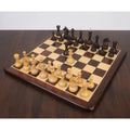 Complete 3.8" Candidates Series Minimalist chess pieces in mahogany stained boxwood set up on a chessboard.