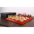 Premium 1849 Jacques Cook Staunton chess set and storage box displayed on a 21-inch wooden board.