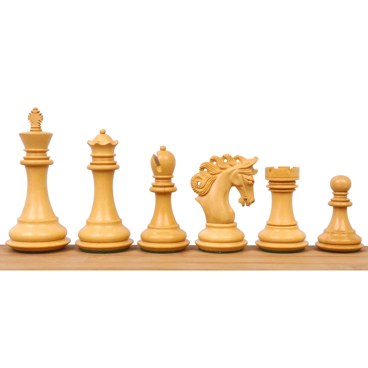 Boxwood chess pieces lineup for the 3.3-inch Spiraled Steed set