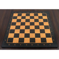 Full overhead perspective of a 21-inch wooden chess board with a smooth matt finish and 55mm square size on a dark wood surface.