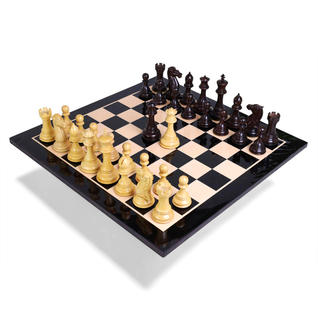 Angled overview of the 6.1" mammoth luxury Staunton chess set with rosewood pieces on a printed board.