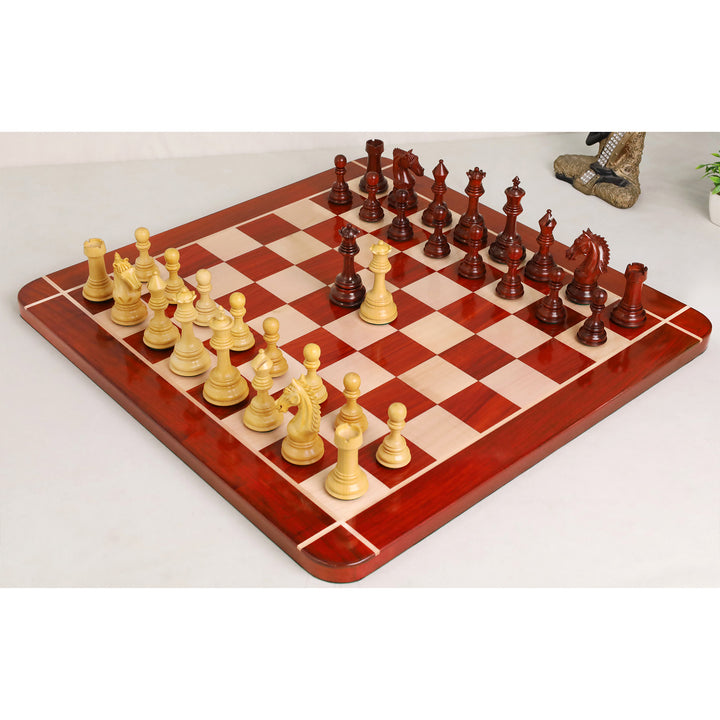 Combo of 4.5" Tilted Knight Luxury Staunton Chess Set - Bud Rosewood & Boxwood - 23" Bud Rosewood & Maple Wood Signature Wooden Chessboard With Box