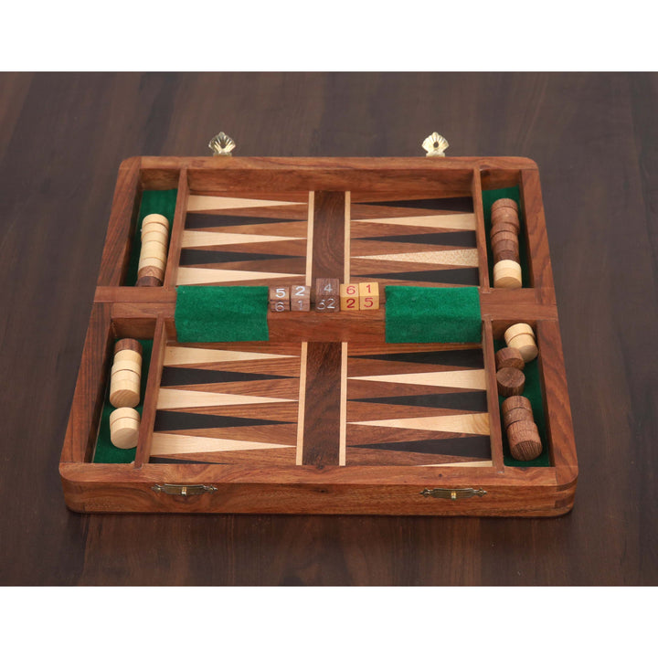 2 in 1 Magnetic Travel Chess & Backgammon set in Golden Rosewood - 10 inches