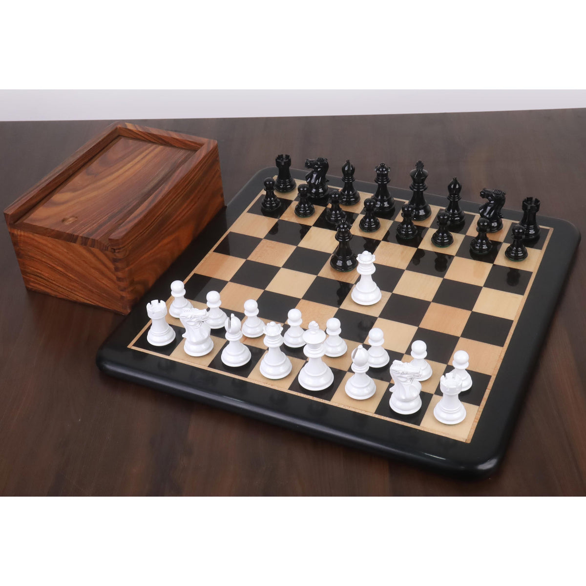 Complete Pro Staunton wooden combo chess set arranged on a 17 inch ebony chess board with a rosewood box.