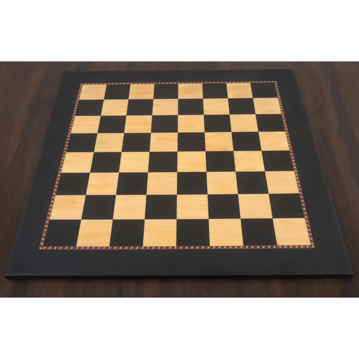 Full view of the 21-inch Queens Gambit ebony and maple printed chess board with matt finish.