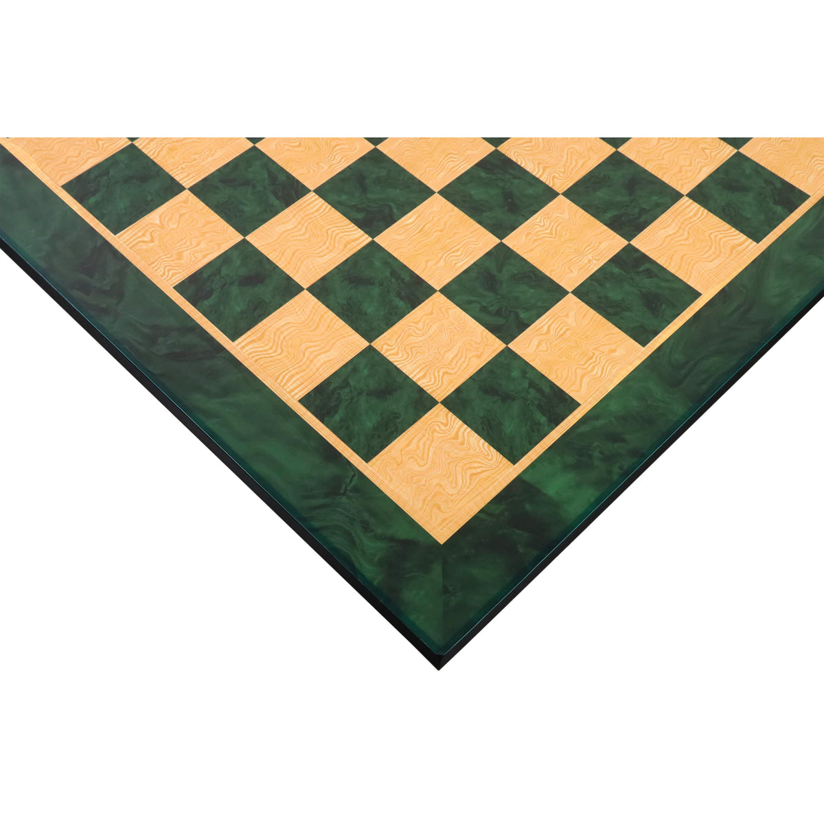 Elegant 22-inch green and natural ash burl wooden chess board.
