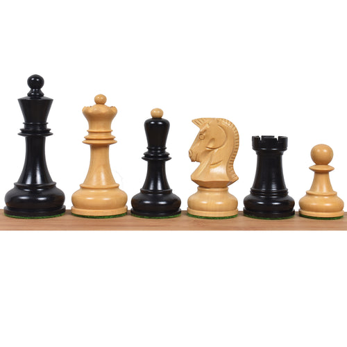 A full lineup of 1970s Dubrovnik chess pieces in ebony and boxwood on a wooden base.