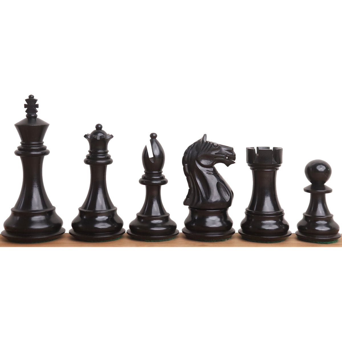Full lineup of black Fierce Knight Staunton chess pieces.