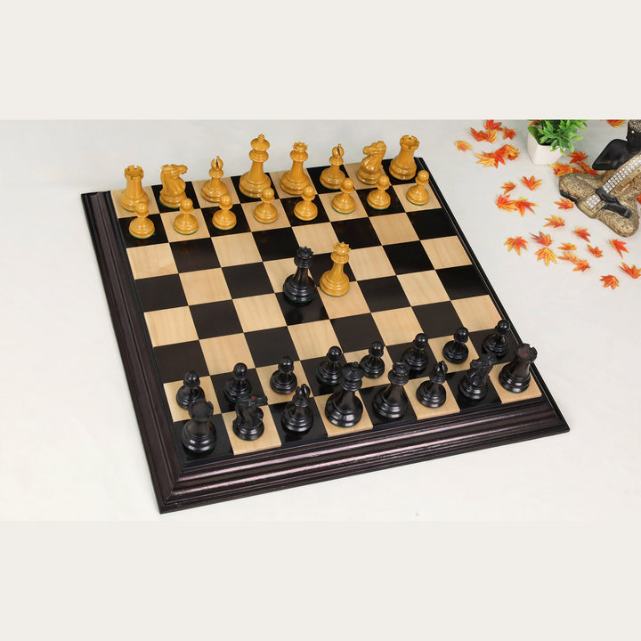 Complete set of 3.75-inch ebony wood 1849 Jacques Cook Staunton chess pieces on board