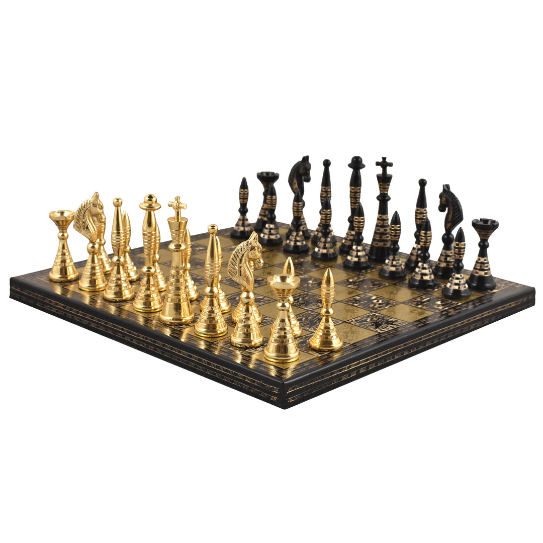 Slightly Imperfect Solid Brass Metal Tribal Artwork Luxury Chess Pieces & Board Set - Black & Gold - 12" - Warehouse Clearance - USA Shipping Only