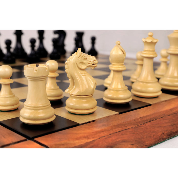 White knight piece center stage on a wooden chess board.