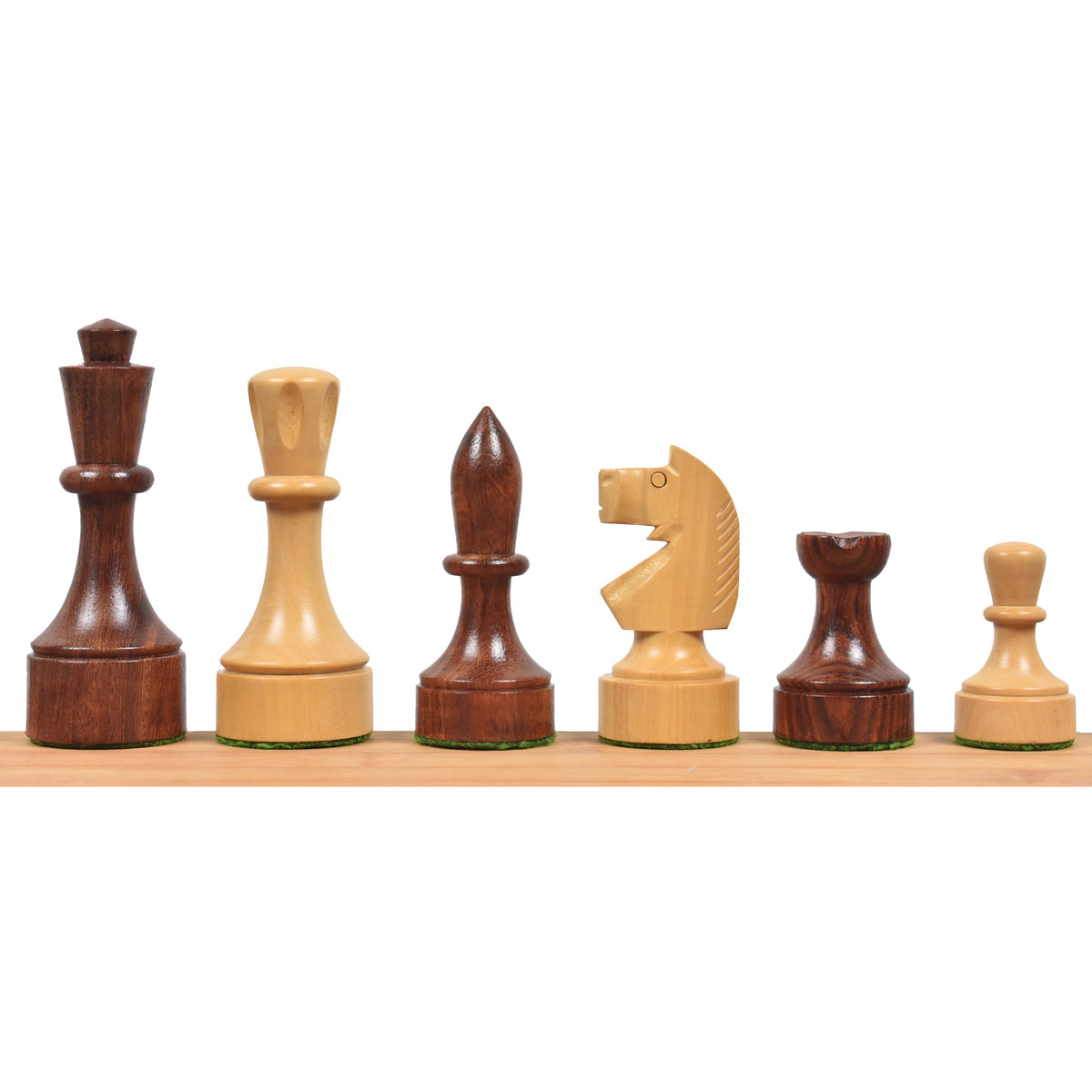 Lineup of dark and light 3.8" Bundesform German Staunton chess pieces showing relative heights.