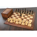 Improved French Lardy chess set arranged on board with storage box.