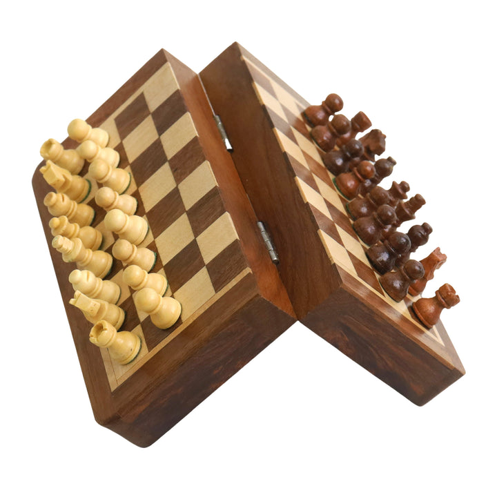 Slightly Imperfect Golden Rosewood Wooden Inlaid Magnetic Chess set 5" with Folding Board - Warehouse Clearance - USA Shipping Only