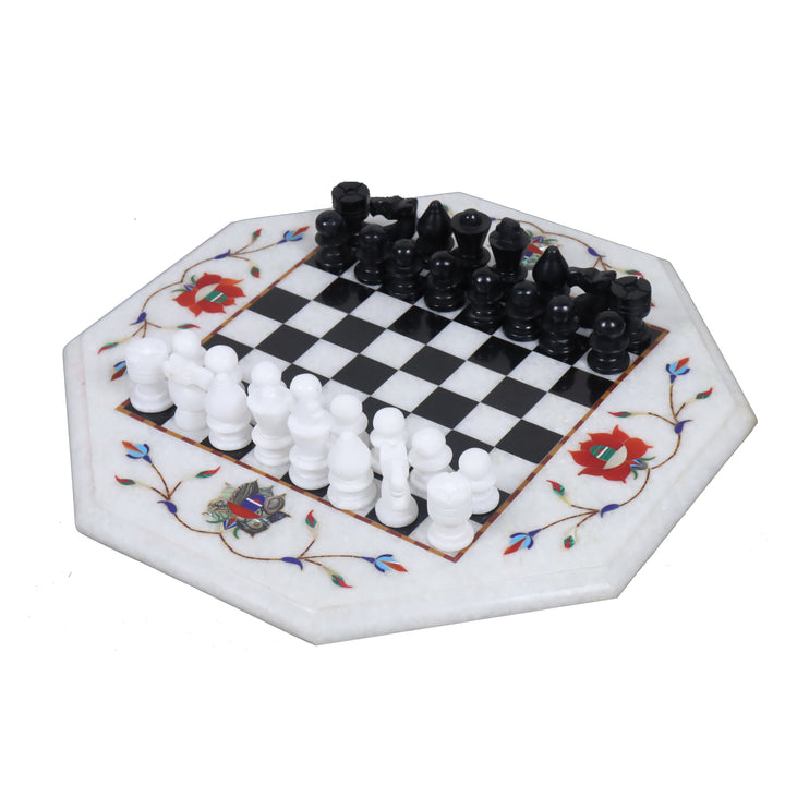 Marble Stone Chess Pieces & Board Set - Inlay Handcrafted Work - 12" board