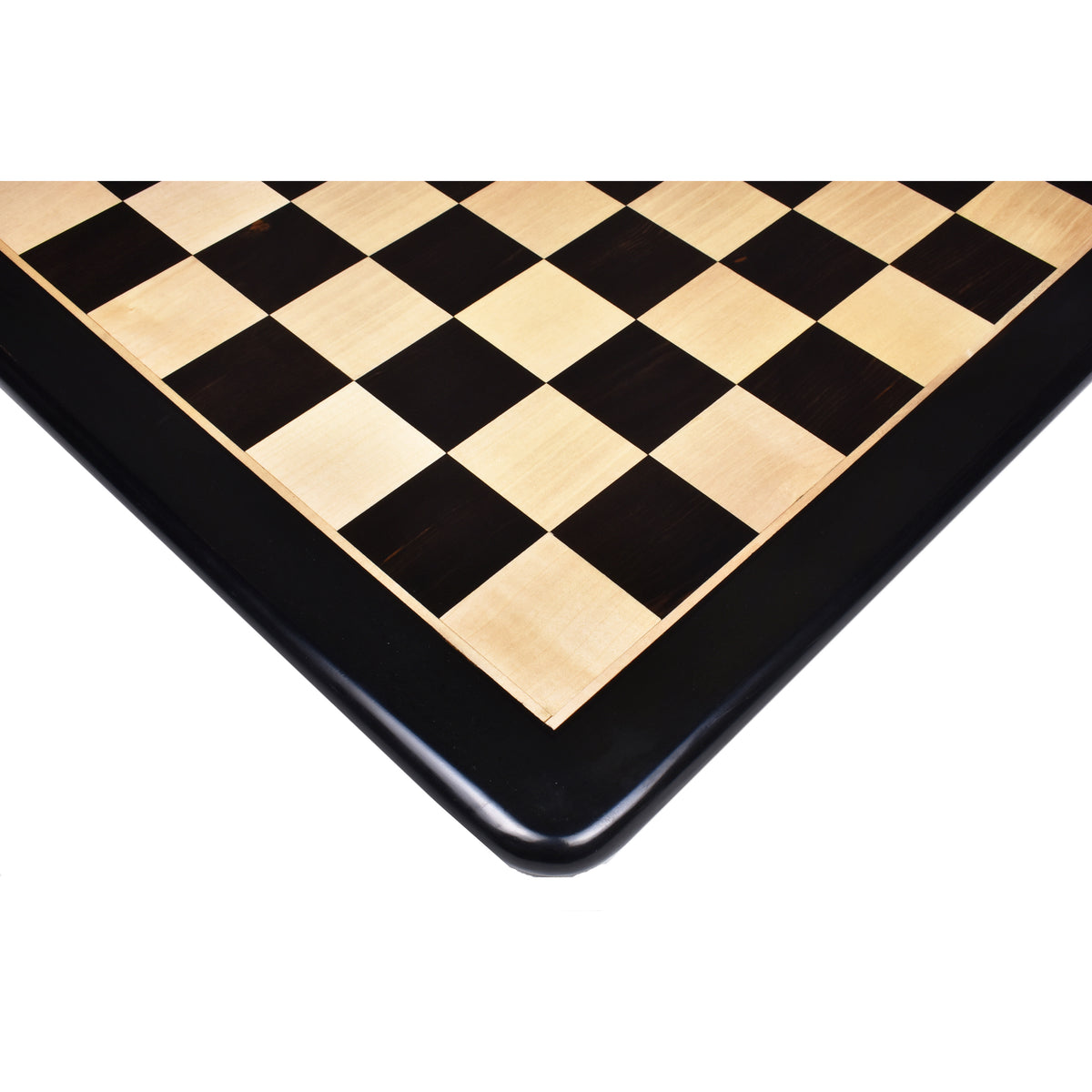 A high-quality wooden chessboard viewed from above, showcasing clear square separation.