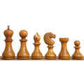 Antiqued Boxwood English Dublin chess pieces lined up from King to Pawn on a wooden surface.