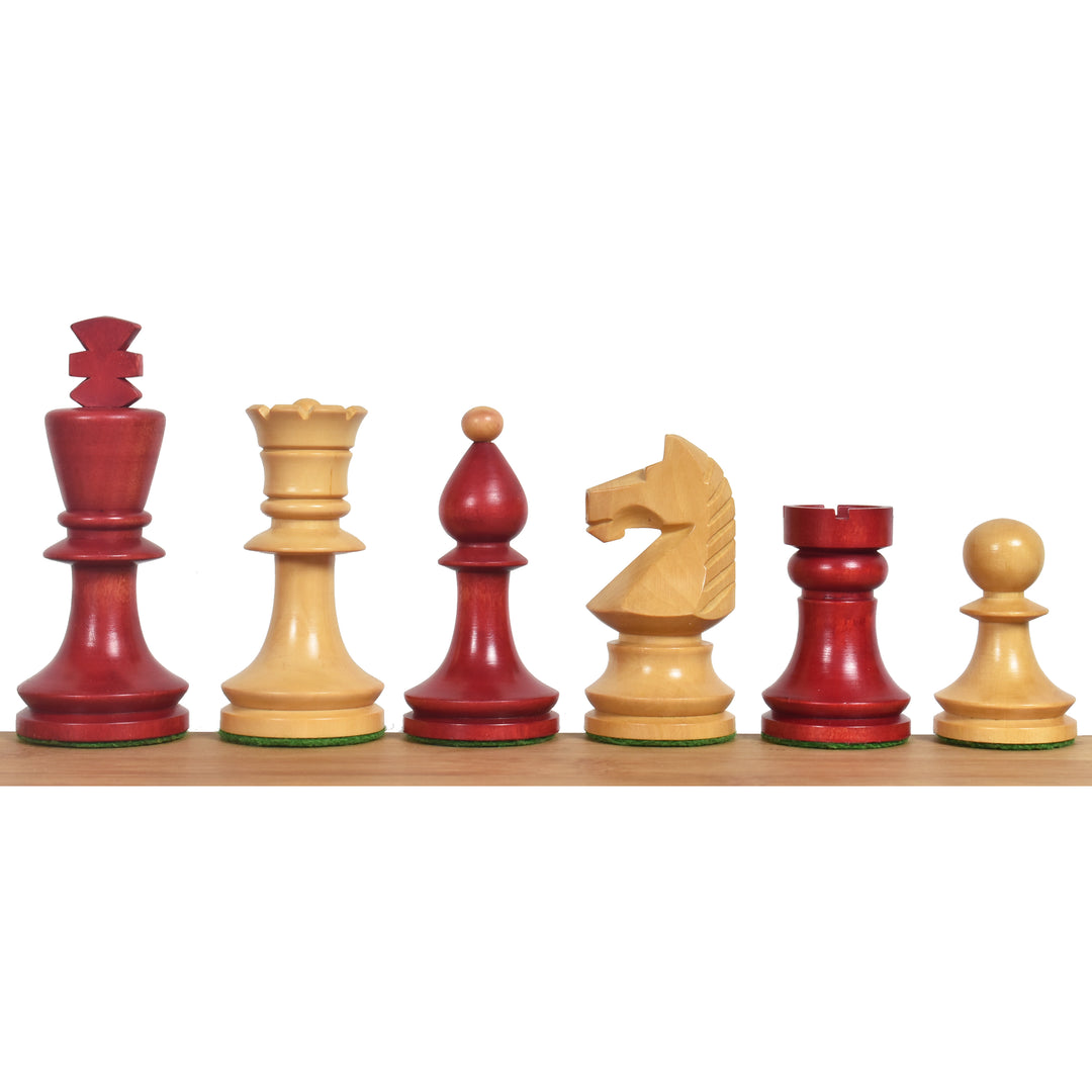 Jeu d'échecs roumano-hongrois de 9,6 cm, légèrement abîmé – Pièces d'échecs uniquement – Bois de buis teinté rouge et lesté