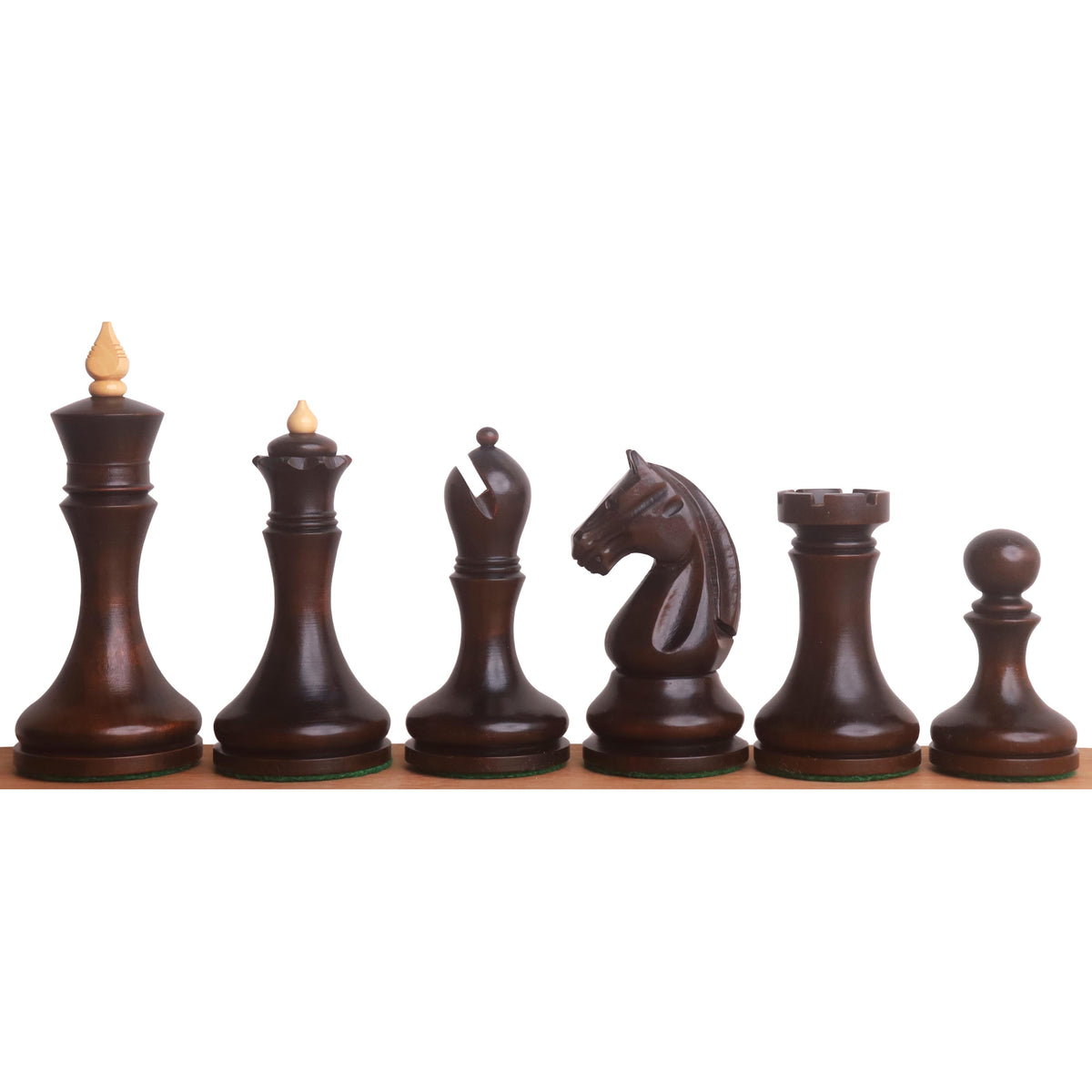Dark mahogany stained boxwood pieces of the 3.8" Candidates Series Minimalist chess set lined up sequentially.