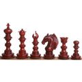Six meticulously carved bud rosewood Staunton chess pieces including the highly detailed Knight.
