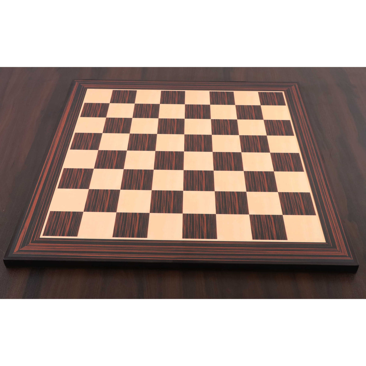 Full perspective view of the 21-inch Tiger Ebony and Maple wood printed chess board featuring 55mm squares.