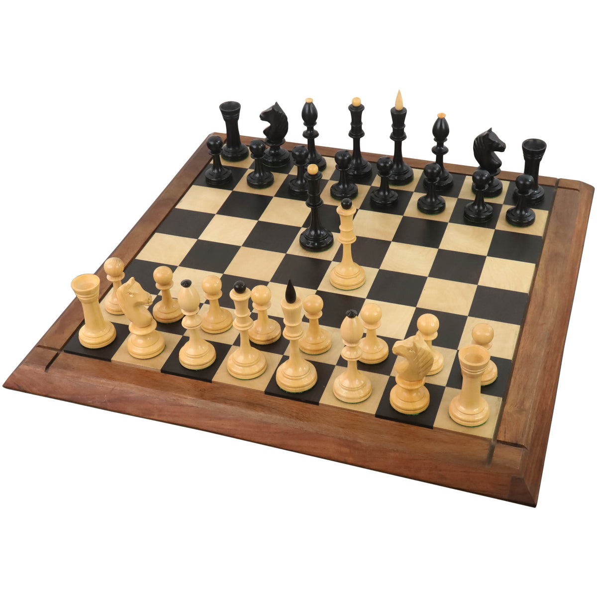 Complete set of 4.8-inch Averbakh Soviet chess pieces arranged on a wooden chessboard.