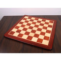 Full perspective view of a 25 inch professional wooden chess board with 65mm squares on a dark wood table.