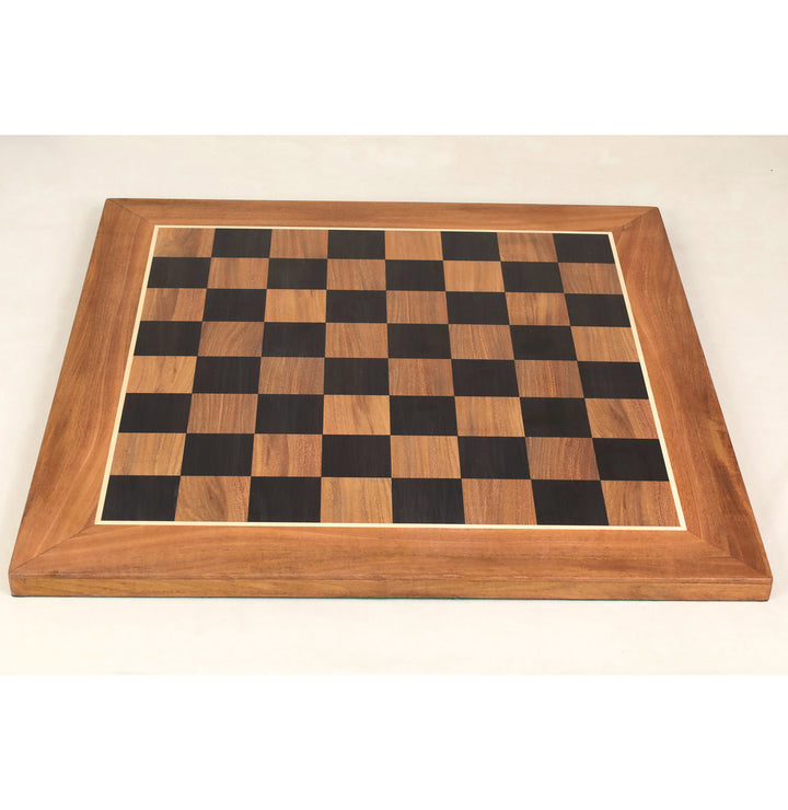 Front view of the handcrafted 22.5-inch Ebony and Acacia wood chess board with 57mm tournament squares and an antique-inspired appearance.