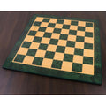 Overhead view of a 22" Green Ash Burl chess board featuring 57mm squares and a professional gloss finish.
