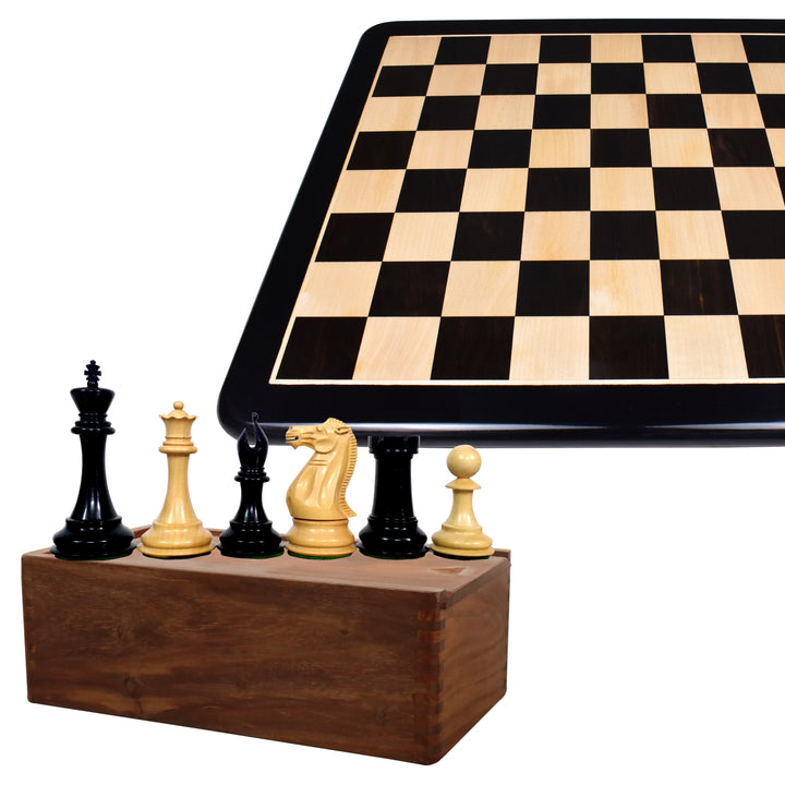 Scacchi in legno d'ebano di lusso Staunton da 4" con scacchiera in legno d'ebano e acero da 21" con finitura opaca e scatola per la conservazione degli scacchi in palissandro dorato.