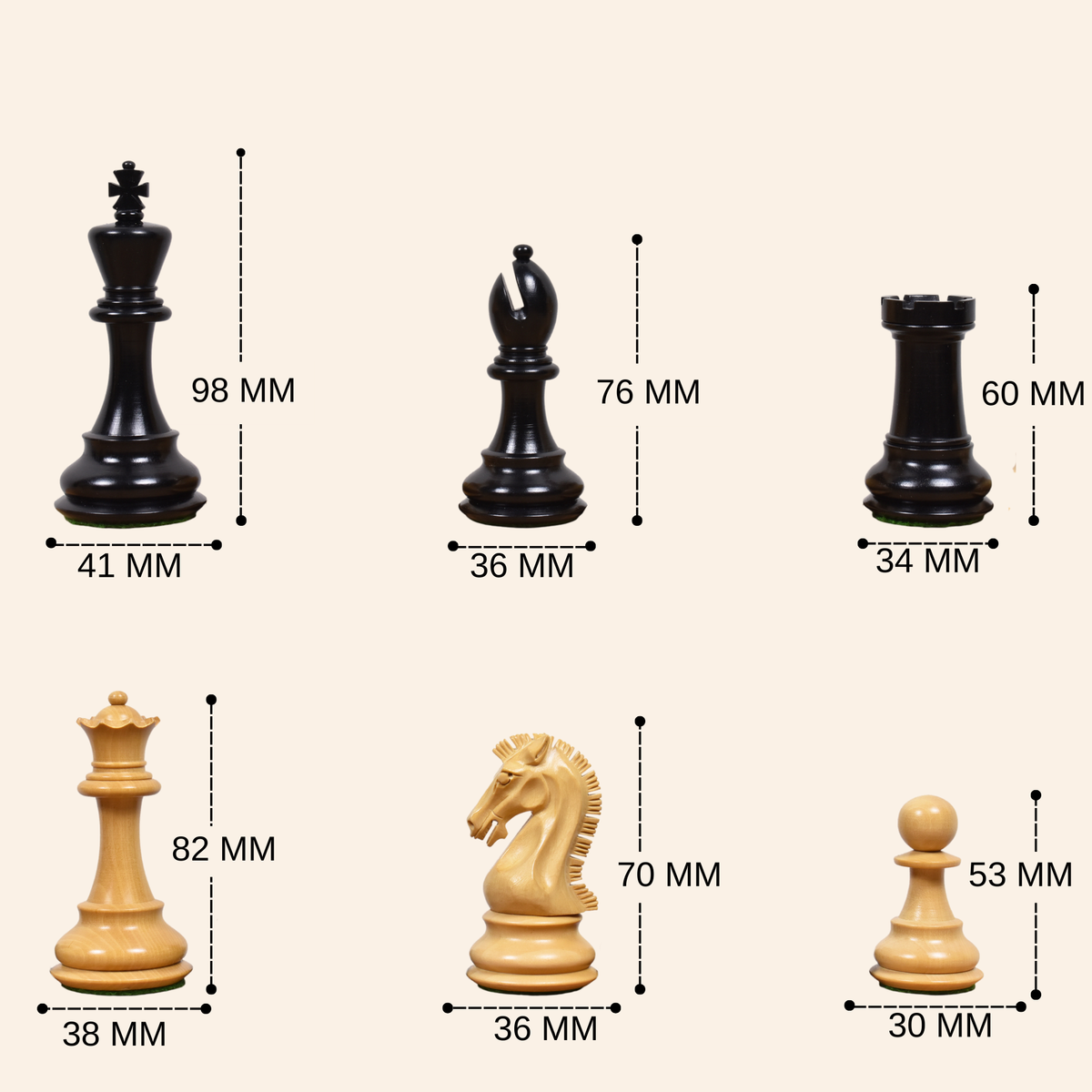 Dimensional chart for the 3.9" Craftsman Series Staunton chess pieces.