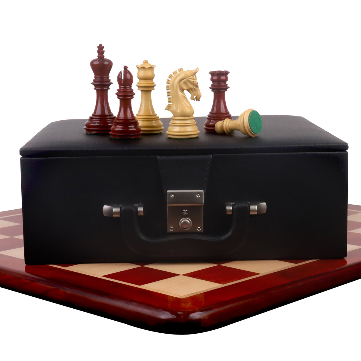 Black storage box and 3.8" Imperial Staunton chess pieces resting on a 21" Bud Rosewood chess board.