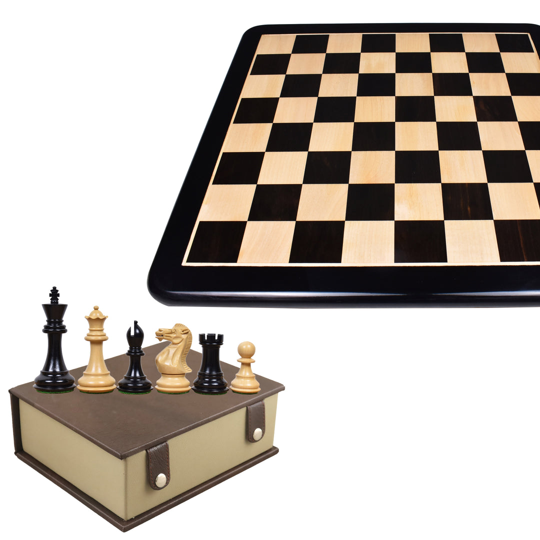 Pièces d'échecs professionnelles Staunton en ébène de 3.9" avec échiquier en bois massif d'ébène et d'érable de 21" en finition mate et boîte de rangement de style livre.