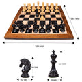 Technical diagram displaying measurements for the 4.6-inch Mogul Staunton chess set and board.