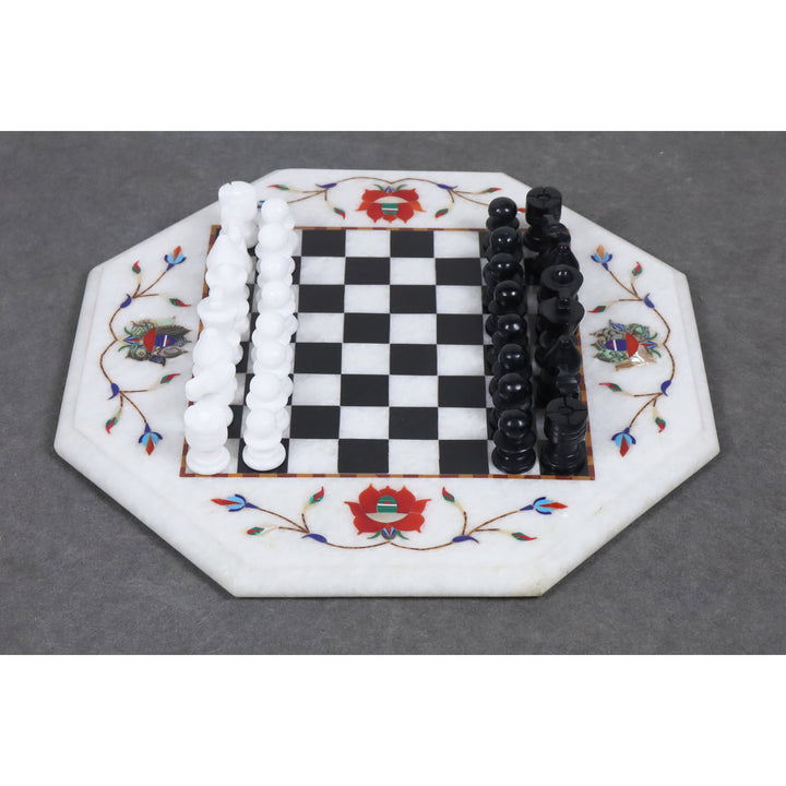 Marble Stone Chess Pieces & Board Set - Inlay Handcrafted Work - 12" board