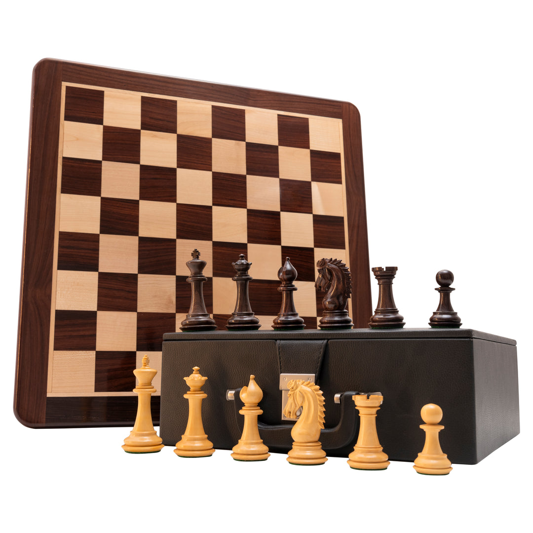 Combinazione di pezzi per scacchi Staunton serie Imperatore da 3,7" in palissandro con scacchiera piatta da 21" e cofanetto in similpelle