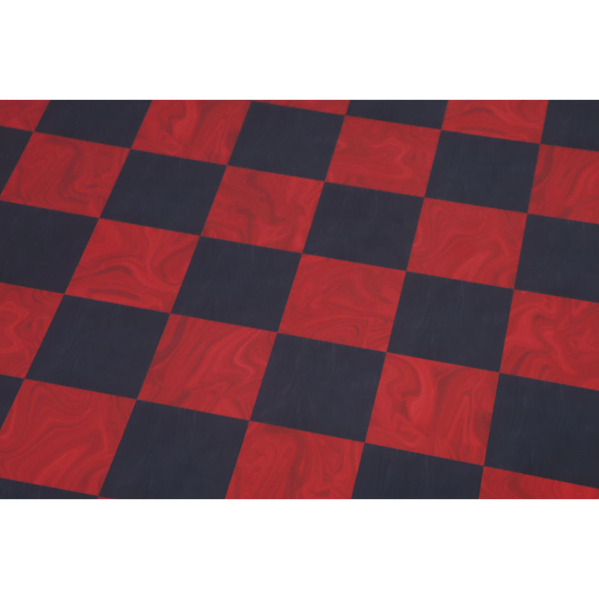 Detailed top view of the 57mm squares on a red ash burl and burl ebony printed wooden chess board.