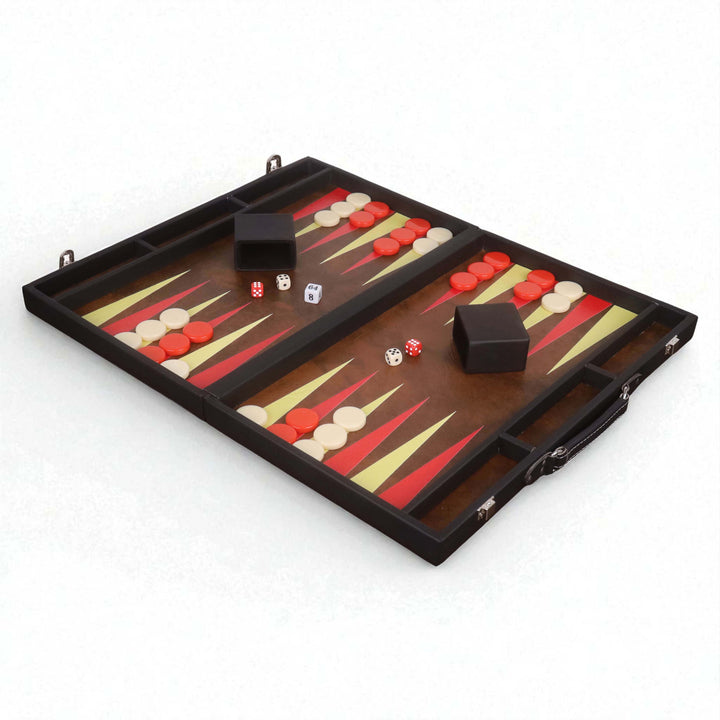18" Ebony Black Leatherette Backgammon Set – Luxury Briefcase Style Travel Board Game with Brown & Red Inlay
