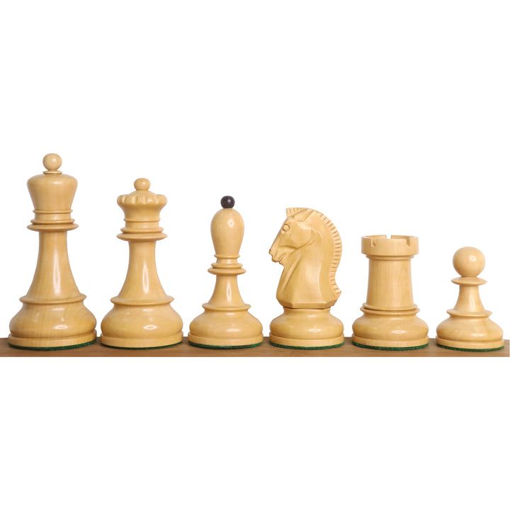 Complete lineup of natural boxwood Fischer Dubrovnik chess pieces.