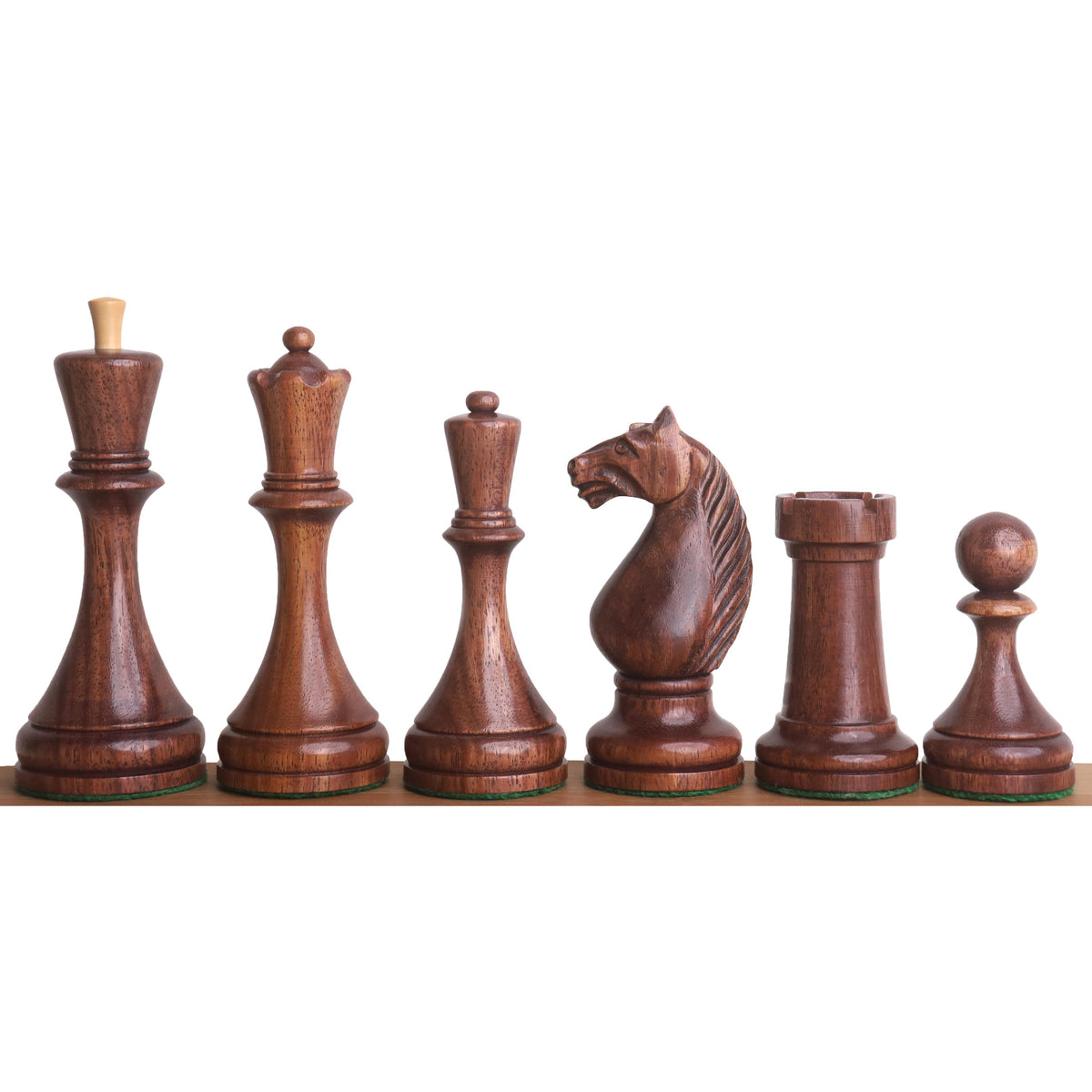 Detailed view of the dark Golden Rosewood Soviet chess pieces.