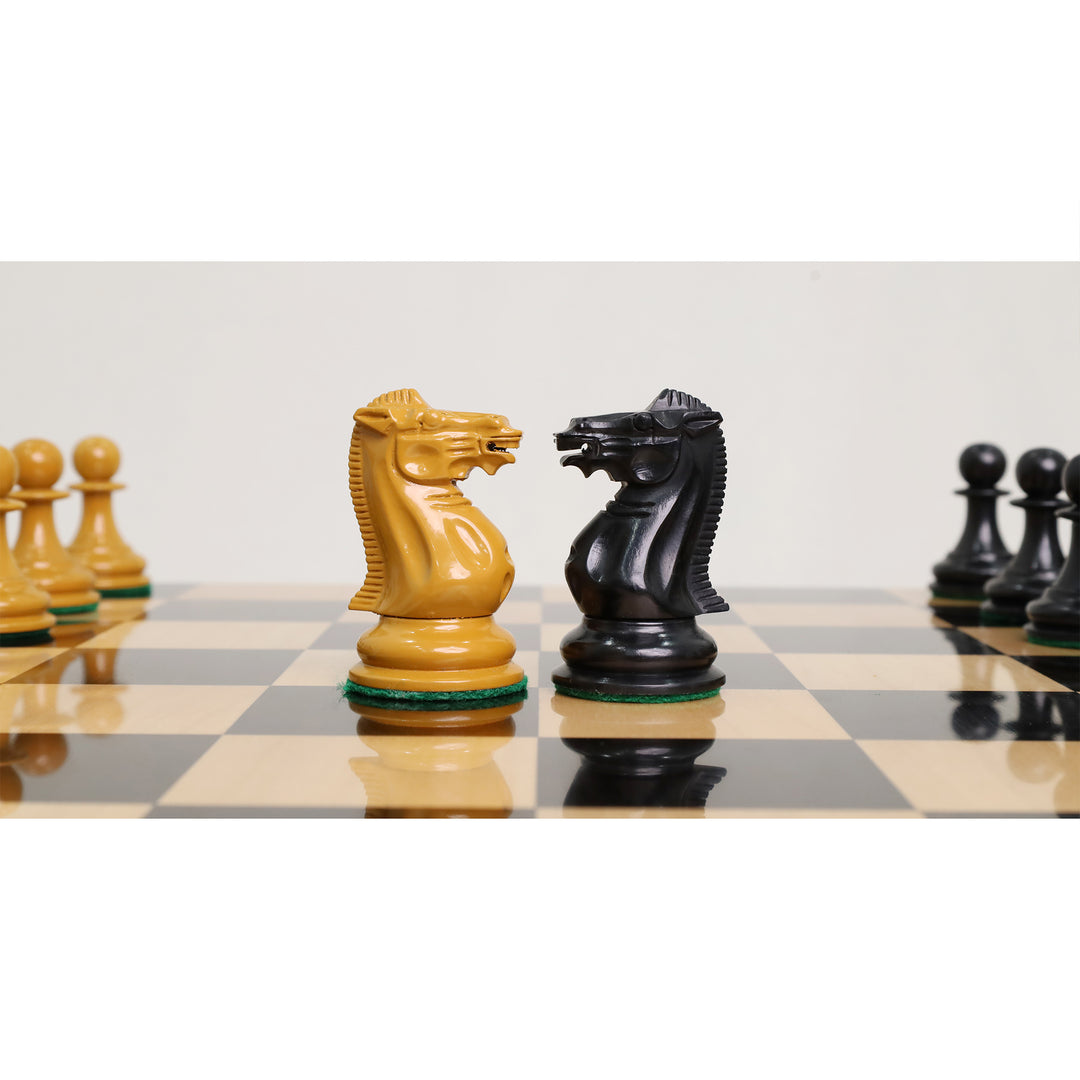 Detailed hand-carved ebony wood 1849 Jacques Cook Staunton knight chess pieces